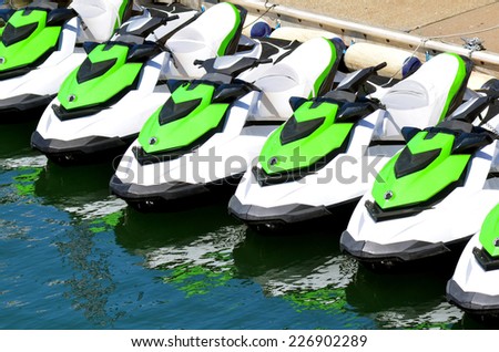 GOLD COAST - OCT 20 2014:Line of personal watercraft. According to U.S. Coast Guard statistics, with 212 injuries tallied in 238 accidents. In 2011, some 44 people were killed on personal watercrafts.