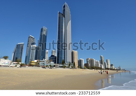 SURFERS PARADISE - NOV 14 2014:Visitors on main beach in Surfers Paradise.It one of Australia's iconic coastal tourist destinations, drawing 10 million tourists every year from all over the world.