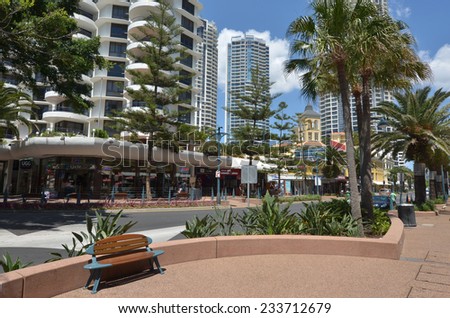 SURFERS PARADISE - NOV 14 2014:Empty bench in a shape of a surfing board.It one of Australia\'s iconic coastal tourist destinations, drawing millions of surfers from all over the world.