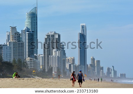 SURFERS PARADISE - NOV 14 2014:Visitors on main beach in Surfers Paradise.It one of Australia\'s iconic coastal tourist destinations, drawing 10 million tourists every year from all over the world.