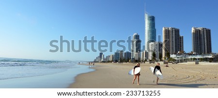 SURFERS PARADISE - NOV 14 2014:Women surfers on Main beach in Surfers Paradise.It one of Australia\'s iconic coastal tourist destinations, drawing millions of surfers from all over the world.