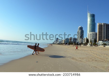 SURFERS PARADISE - NOV 14 2014:Men surfers on Main beach in Surfers Paradise.It one of Australia\'s iconic coastal tourist destinations, drawing millions of surfers from all over the world.