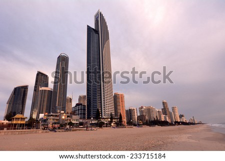 SURFERS PARADISE - NOV 06 2014:Surfers Paradise skyline at sunrise.It one of Australia\'s iconic coastal tourist destinations, drawing about 10 million tourists every year from all over the world.