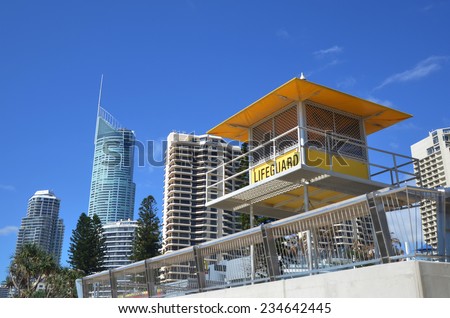 SURFERS PARADISE, AUS - NOV 20 2014:Australian Lifeguards tower. Australian Lifeguards are world-renown for their high levels of skill and knowledge in accident prevention and rescue response