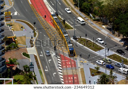 GOLD COAST, AUS - NOV 14 2014:Aerial view of Gold Coast Light Rail G in Surfers Paradise Av in Gold Coast Queensland, Australia.The line opened on July 2014 and it 13 Km (8.1 mi) long.