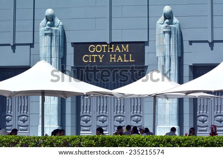 GOLD COAST, AUS - NOV 06 2014:Vsitors at Gotham city hall in Movie world Gold Coast, Australia.It\'s a fictional American city in comic books published by DC Comics, best known as the home of Batman.