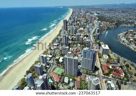 SURFERS PARADISE, AUS - NOV 04 2014:Aerial view of Surfers Paradise, Australia.It one of Australia\'s iconic coastal tourist destinations, drawing 10 million tourists every year from all over the world