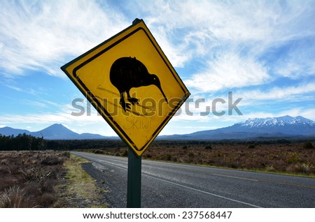 NATIONAL PARK, NZ - DEC 8 2014:Beware of Kiwi roadsign in Tongariro National Park.There are approximately only 70,000 kiwi left in all of New Zealand.