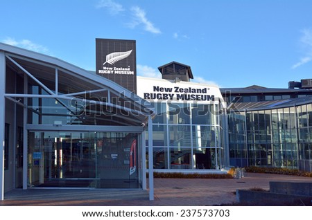 PALMERSTON NORTH, NZL - DEC 02 2014:New Zealand Rugby Museum.It\'s managed by the Rugby Museum Society of New Zealand, a registered charity and Associate Member of the New Zealand Rugby Union.