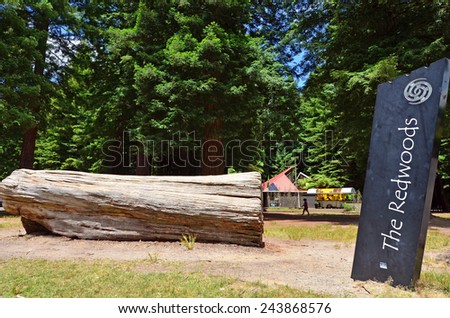 ROTORUA, NZL - JAN 12 2015:The entrance to Redwoods Ã?Â?Ã?Â� Whakarewarewa Forest in Rotorua, New Zealand.It\'s an exsotic forest in New Zealand known for it\'s very tall California redwood trees.