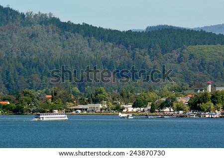 ROTORUA, NZL - JAN 11 2015:Landscape of Rotorua waterfront.Rotorua is a major travel destination for both domestic and international tourists. It is known for its geothermal activity and hot mud pools