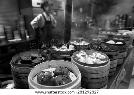 SHANGHAI - MAR 15 2015:Chinese food on display in a food market in Shanghai China.Chinese cuisine go back for thousands of years, changed according to climate, imperial fashions and local preferences.