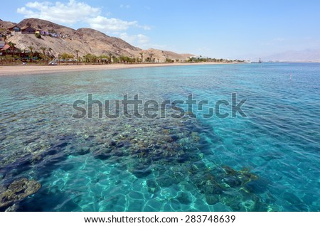 EILAT, ISR - APRIL 14 2015:Seascape of Coral Beach Nature Reserve in Eilat, Israel.It\'s one of the most beautiful coral reef in the world and it is visited by travellers from all over the world