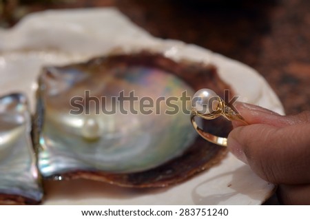 EILAT ,ISR - APR 14 2015:Woman hand holds a pearl ring against open oyster with pink pearl in it.Natural pearls values determined according to size, shape, color, quality of surface, orient and luster
