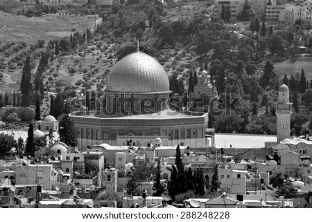 JERUSALEM, ISRAEL - MAY 04 2015:Aerial view of the Dome of the Rock Mosque on Temple Mount in Jerusalem old city, Israel.Jerusalem Old City is said to be the oldest and the holiest city in the world