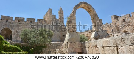 JERUSALEM - MAY 05 2015:The Tower of David and archeological garden in Jerusalem, Israel.It\'s a famous landmark of Jerusalem with historical and archaeological significant.