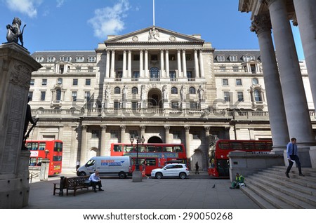 LONDON - MAR 18 2015:Bank of England Headquarters in City of London.It's 1 of 8 banks authorised to issue banknotes in the United Kingdom, but has a monopoly on issue of banknotes in England and Wales