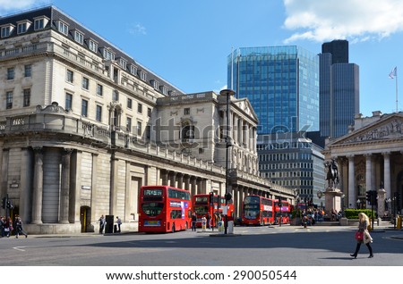 LONDON - MAR 18 2015:Bank of England Headquarters in City of London, UK.The Bank is the 15th-largest custodian of gold reserves, holding around 4600 tonnes with market value of about Ã?Â£156,000,000,000.