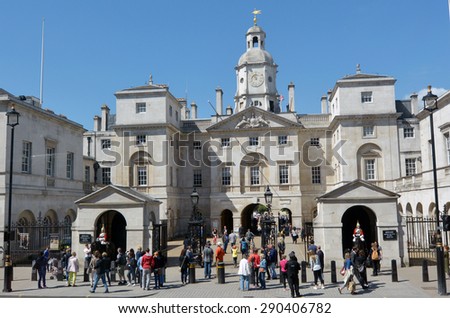 LONDON - MAY 13 2015:Visitors at Horse Guards.The building famous for the sentries who guard the entrance to the Horse Guards Parade ground the place of the daily ceremonial changing guards.