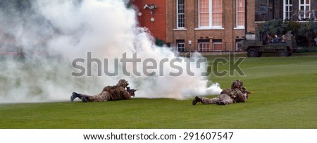 LONDON - MAY 14 2015:British Army force during military demonstration show.On 1 Jan 2015, the British Army employed: 87,140 Regulars, 2,720 Gurkhas and 25,010 Army Reservists to a combined force.