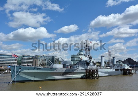 LONDON - MAY 13 2015:HMS Belfast (C35) London England UK.It\'s a museum ship, originally a Royal Navy light cruiser, permanently moored in London on the River Thames operated by the Imperial War Museum