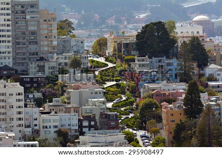 SAN FRANCISCO, USA - MAY 18 2015:Aerial view of Lombard Street in San Francisco.Lombard Street known for the one-way block on Russian Hill where 8 sharp turns make it the most crooked street in the world.