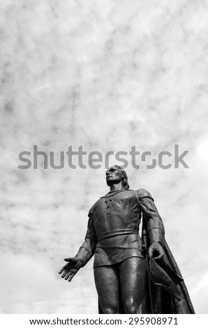 Christopher Columbus sculpture against sky in San Fransisco, California. copy space (BW)