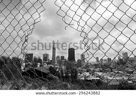 SAN FRANCISCO - MAY 15 2015:San Francisco downtown skyline.Despite being a nationwide leader in job growth the Bay Area suffers from poverty with more than 800,000 people living below the poverty line