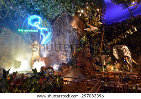 SAN FRANCISCO, USA - MAY 21 2015:Rainforest Cafe in San Francisco,CA.It's a themed restaurant chain owned by Landry's, Inc. Each restaurant is designed to depict some features of a tropical rainforest
