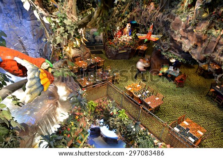 SAN FRANCISCO, USA - MAY 21 2015:Rainforest Cafe in San Francisco,CA.It\'s a themed restaurant chain owned by Landry\'s, Inc. Each restaurant is designed to depict some features of a tropical rainforest