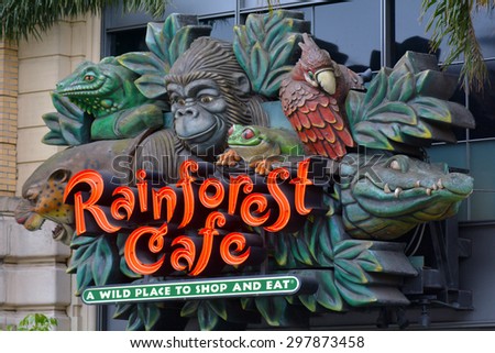 SAN FRANCISCO, USA - MAY 21 2015:Rainforest Cafe in San Francisco,CA.It\'s a themed restaurant chain owned by Landry\'s, Inc. Each restaurant is designed to depict some features of a tropical rainforest