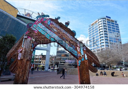 AUCKLAND,  NZL - AUG 01 2015:Traditional Maori entry gate at Aotea Square.Its one of the biggest squares in New Zealand used for open-air concerts, gatherings, markets and political rallies.