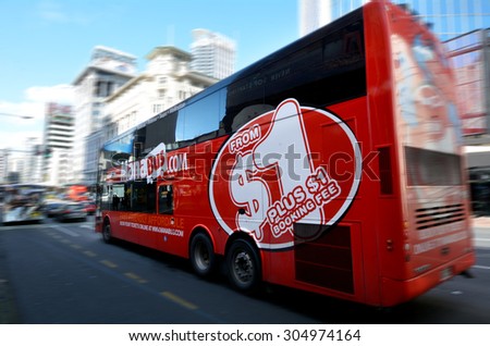 AUCKLAND,  NZL - AUG 01 2015:ManaBus.com express bus.It is an low fears intercity coach service operator in New Zealand. The company is owned by Brian Souter\'s Highland Global Transport.