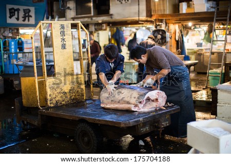 TOKYO - 1 NOV : Tsukiji market, the world biggest fish market in the world. Fish merchant cut the piece of Maguro, Tuna for on the truck. On NOVEMBER 1, 2013 in Tokyo, Japan