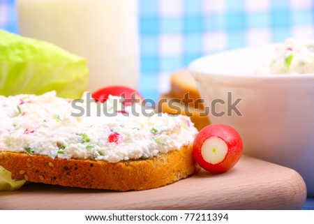 Delicious diet breakfast made from cottage cheese with chive and radish