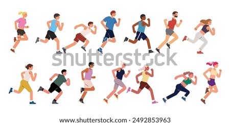 Jogging people group. Men, women crowd running. Many runners in line. Diverse joggers characters in motion, action. Sport exercise, marathon. Flat vector illustration isolated on white background.