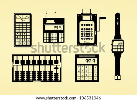 Silhouettes of calculators, watch, abacus and adding machine