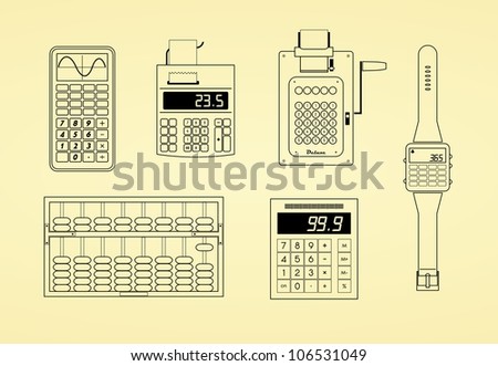 Outlines of calculators, watch, abacus and adding machine