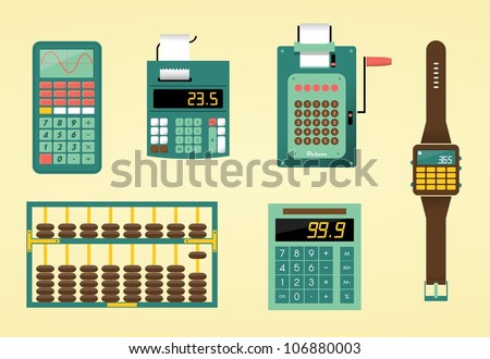Cute calculators, adding machine, abacus and watch