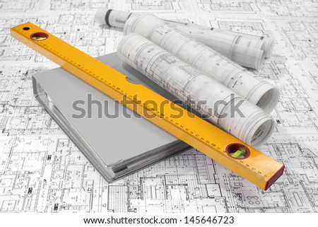 Level, grey folder document and project drawings