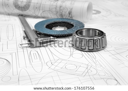 grinding disc, roller bearings, gauge and drawings