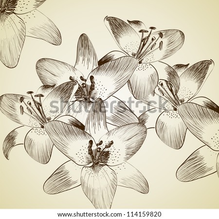 Cute Wallpaper With Lilies. Hand-Drawn Illustration. - 114159820 ...