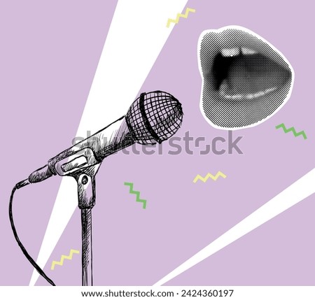 Vector music collage with sketch of microphone and lips in halftone