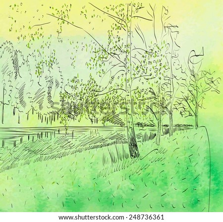 Summer landscape with river. Watercolor vector illustration.