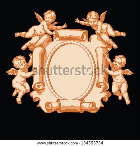 Raster version of vector/ Four little angel with a vertical parchment. In three colors on a black background