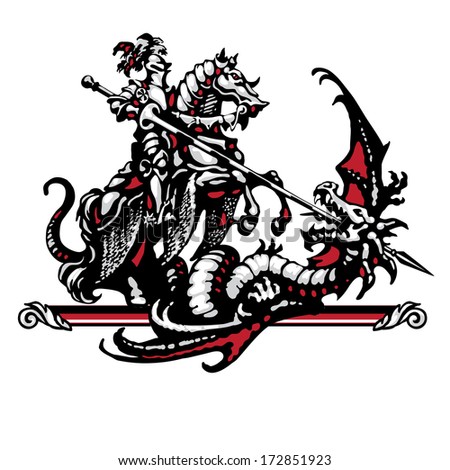 Raster version of vector/ Steel knight and dragon in four colors on a white background