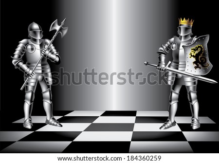 Raster version of vector/ King and Knight. on a chessboard in a beam of light