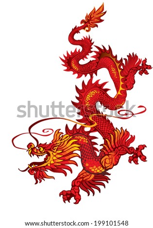 Raster version / Descending red oriental dragon on a white background