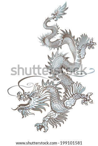 Raster version / Descending white oriental dragon on a white background