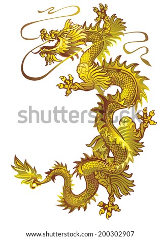 Raster version /  Moving up the golden oriental dragon on a white background